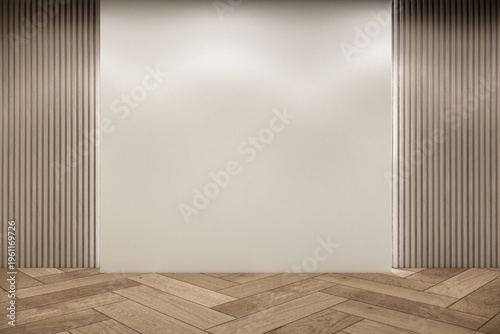 Modern japandi style Clean room minimal with wood panels wall background 3D illustration rendering