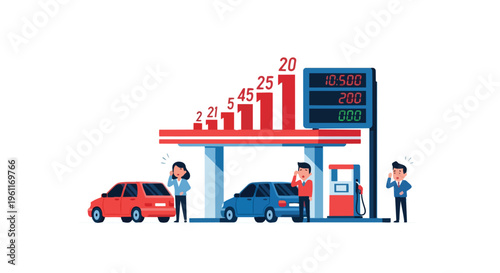 Flat 2D illustration of people at a gas station with a car and a price surge graph, depicting an energy crisis with a blue and red color scheme.