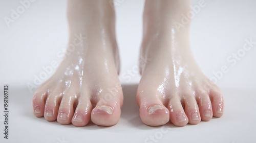 Close-up of naked feet on a white surface, emphasizing skin texture and natural position