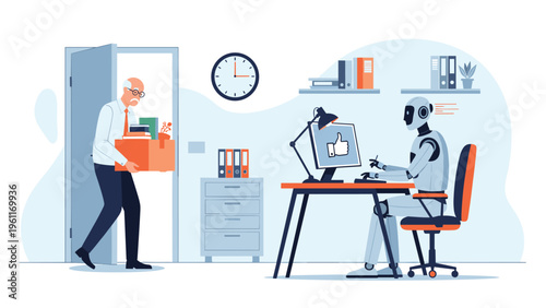 Disappointed senior employee leaves his office with personal belongings as a modern robot takes over his professional duties at the desk.