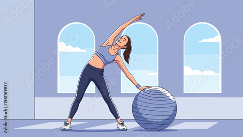 Athletic woman performs side stretching exercises with a large blue fitness ball in a modern gym setting with arched windows showing the sky.