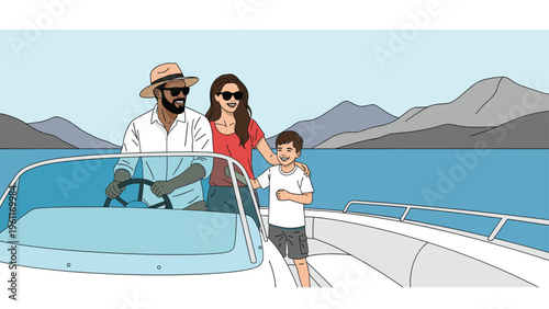 Happy family with a father, mother, and young son enjoys a sunny day on a motorboat while cruising across a blue lake surrounded by mountains.