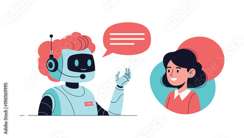 Robot wearing a communication headset interacts with a friendly woman in a digital interface, representing modern customer service technology.