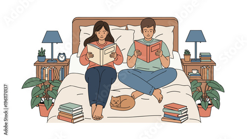 Content couple relaxes together on their bed, each reading a book while their cat sleeps peacefully at their feet in a cozy, plant-filled bedroom.