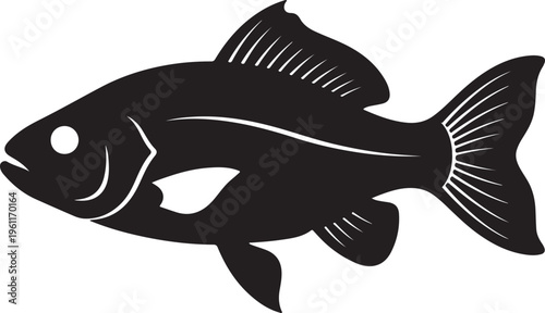 Black fish silhouette vector icon, minimalist sea bass or perch illustration, marine life graphic element for fishing logo and seafood branding