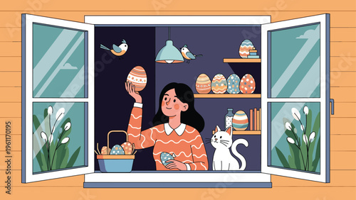 Cheerful woman stands by an open window looking at a collection of beautifully decorated Easter eggs on shelves with her cat and garden birds.