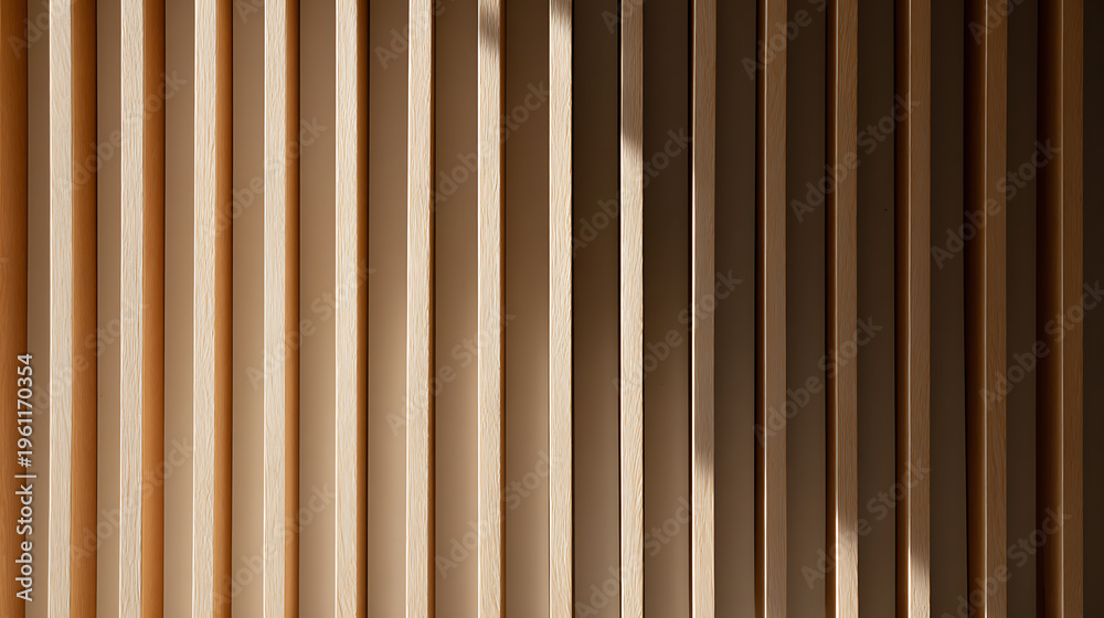 Obraz premium Abstract wooden slat wall with vertical lines and natural sunlight creating shadow patterns, showcasing texture and modern design architecture