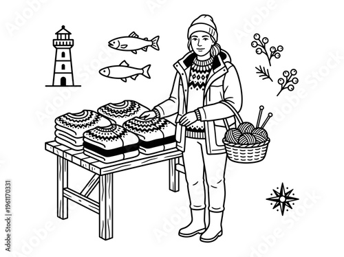 Icelandic knit market vendor with wool sweaters and seaside motifs