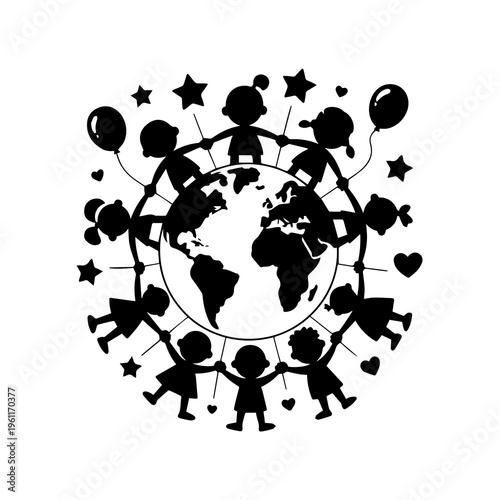 A 3d illustration of a diverse global business team holding hands around a green planet earth sphere as a vector concept for peace and communication