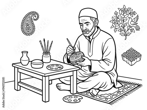 Kashmiri painter decorating traditional handcrafted artwork indoors