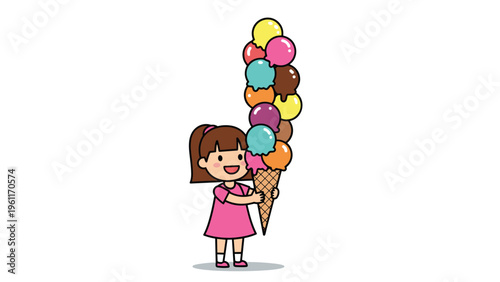 Happy little girl in a pink dress holds an impossibly tall ice cream cone with dozens of different flavored scoops, smiling with pure delight.