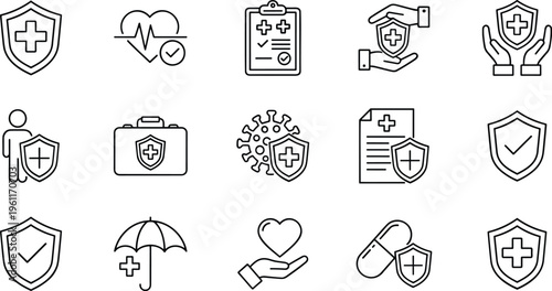 Health insurance and medical protection vector icon collection featuring healthcare security shields virus defense medical records and life safety symbols.