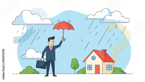 Caring businessman holds a bright red umbrella to shield a small house from falling rain and heavy clouds in a symbolic gesture of home insurance.