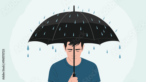 Sad man stands alone under a large black umbrella in the middle of a rainstorm, reflecting feelings of depression, loneliness, or bad luck.