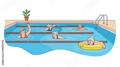 Group of active senior women enjoys swimming and water aerobics in a clean pool, emphasizing the importance of fitness and health in old age.