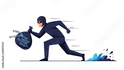 Sneaky burglar in a black mask and suit runs away quickly with a large sack filled with binary code, representing cybercrime and data theft.