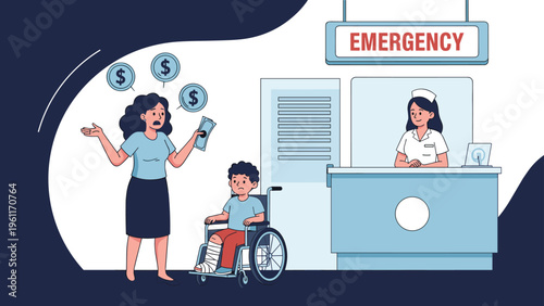 Concerned mother at a hospital emergency desk counts her money while her son sits in a wheelchair with a broken leg, highlighting medical costs.