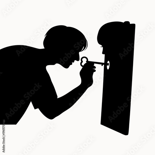 A silhouette of a person peeking through a keyhole with a key in hand