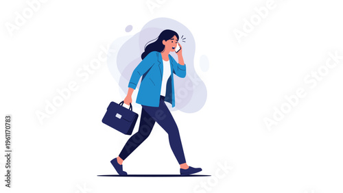 Busy businesswoman walks with determination while having an urgent conversation on her mobile phone and carrying a professional briefcase.