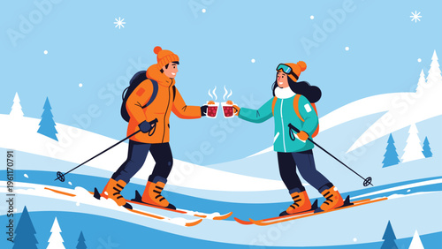 Happy couple in warm winter gear skis down a mountain slope while cheersing each other with mugs of steaming hot drinks on a sunny day.