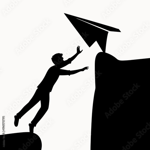 A black silhouette of a man trying to reach a paper airplane on the edge of a cliff