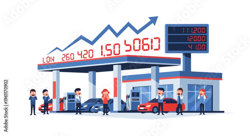 Flat 2D illustration of people at a gas station with a digital price board showing a surge in oil price during an energy crisis
