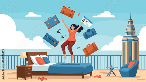 Joyful woman jumping on a bed while several suitcases and travel accessories float in the air of a sunny cruise ship balcony room.