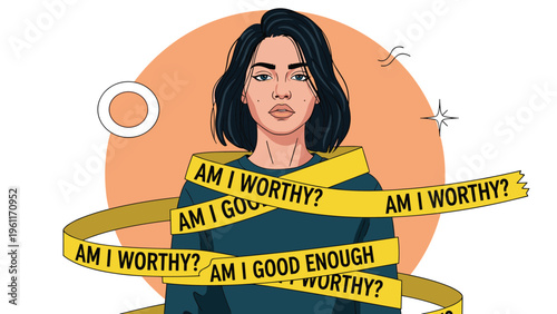 Serious woman wrapped in yellow caution tape with questioning text phrases about self-worth and adequacy against a circular background.