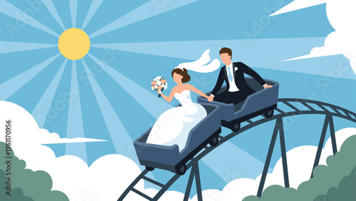 Newlywed couple in wedding attire holding hands while riding a roller coaster through white clouds under a bright sun in a blue sky.