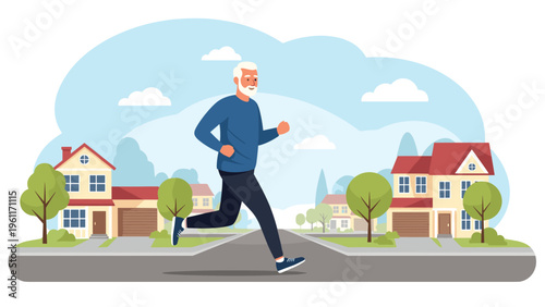 Active senior man with white hair and a beard jogging down a suburban street lined with houses and green trees on a sunny day.