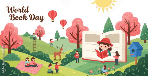 World Book Day Celebration with Children Reading in Park, Open Storybook, Spring Trees, Deer, and Educational Nature Scene Vector Illustration