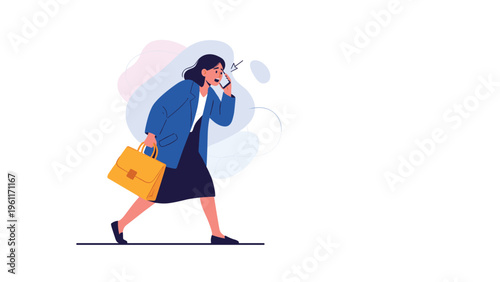 Busy business woman in a blue jacket and skirt carrying a briefcase and talking on a mobile phone while running frantically to a meeting.