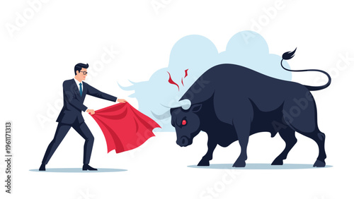 Brave businessman in a suit acting as a matador holding a red cape to face a large powerful bull with glowing red eyes.