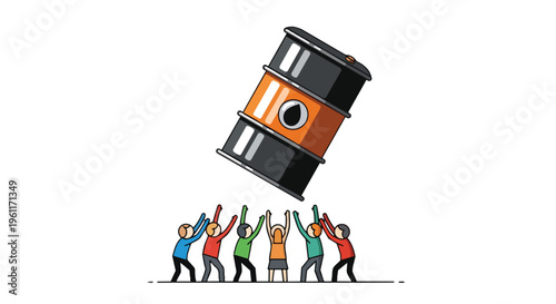 Flat 2D illustration of a diverse group of people pushing an oil barrel upwards, conveying a sense of energy and crisis with a surge in price against a clean white background.