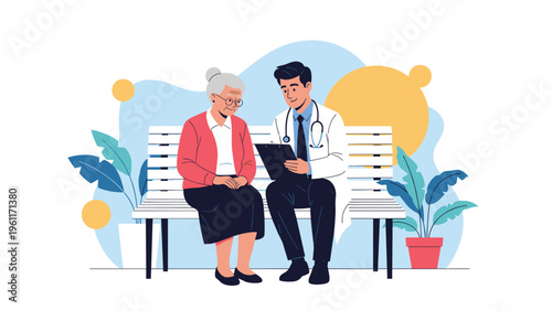 Compassionate young male doctor in a white coat sitting on a park bench and explaining a medical report to an elderly woman.