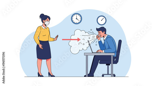 Woman wearing a face mask and gesturing for distance while a man sneezes into the air at his desk in an office setting.