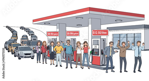 Illustration of a long line of people waiting to use gas pumps at a busy flat 2D styled gas station with a surge in demand during an energy crisis with rising oil price