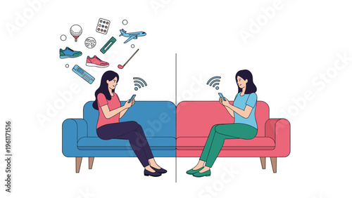 Two women sitting on separate halves of a sofa in different colored rooms while using their smartphones to shop or browse.