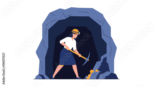 Hardworking woman in a white shirt and skirt using a pickaxe to mine for gold nuggets inside a dark rocky cave.
