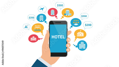 Hand holding a smartphone displaying hotel booking options with various colorful bubbles showing prices, hotels, and travel icons.