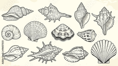 Artistic collection of various types and shapes of seashells like spiral shells and clams in a vintage hand-drawn sketch style.