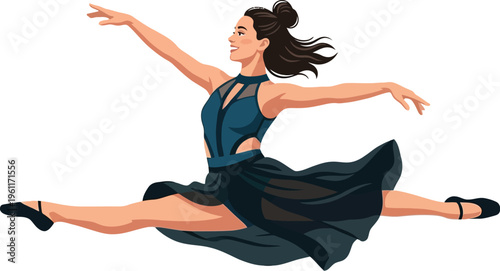 Dancer performs a graceful grand jeté leap wearing a dark blue costume against.