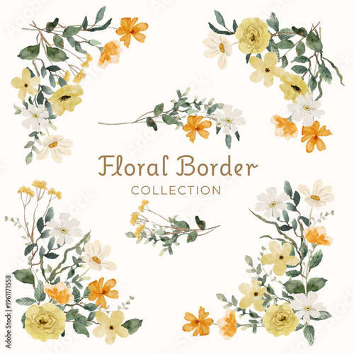 Quadro em tela yellow white floral watercolor border collection