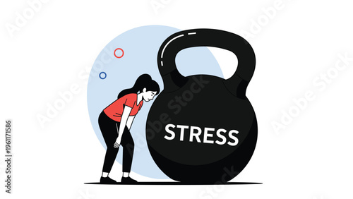 Exhausted woman leaning against a massive black kettlebell with the word STRESS written on it to symbolize emotional burden.