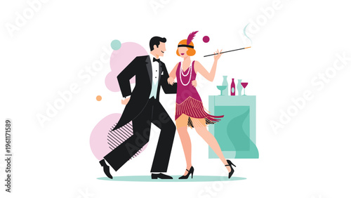 Stylish couple in glamorous 1920s flapper and tuxedo outfits dancing joyfully at a party with cocktails and music.