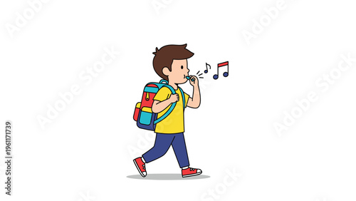 Cheerful young school boy with a colorful backpack walks along happily while whistling a tune represented by floating musical notes.