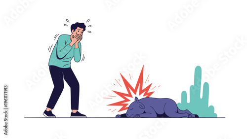 Distressed young man reacts with shock and sorrow while looking at a dead lamb lying on the ground under a red symbolic burst effect.