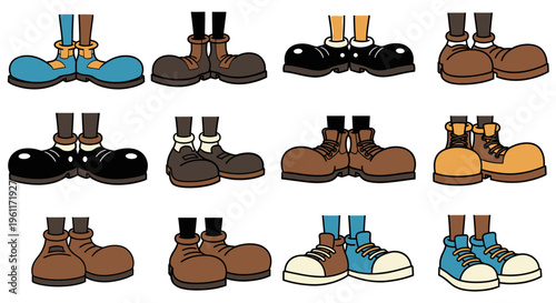 Collection of Various Cartoon Shoes and Boots Footwear on isolated white background
