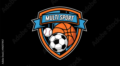 Multi Sport Emblem with Basketball Soccer and Baseball.