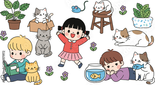 Cute Kids and Pets Cartoon Set with Cats, Fishbowl, Houseplants, Flowers, and Adorable Children Playing at Home Vector Illustration